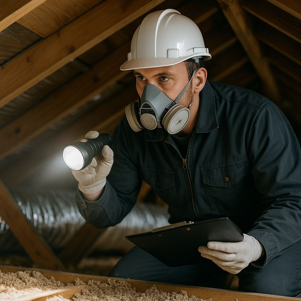 A professional pest control technician inspecting an attic space with a flashlight.