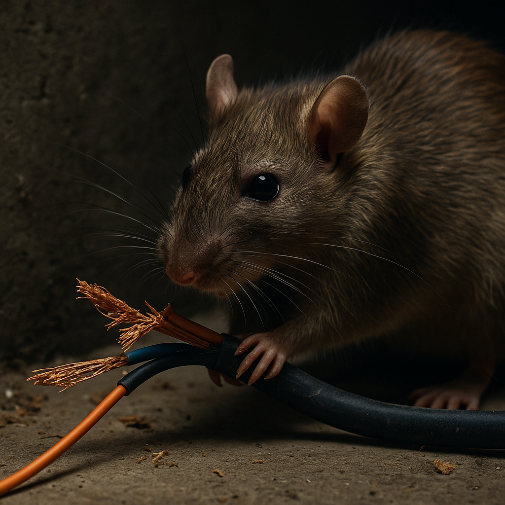Damaged and frayed electrical wires that have been chewed by rodents.